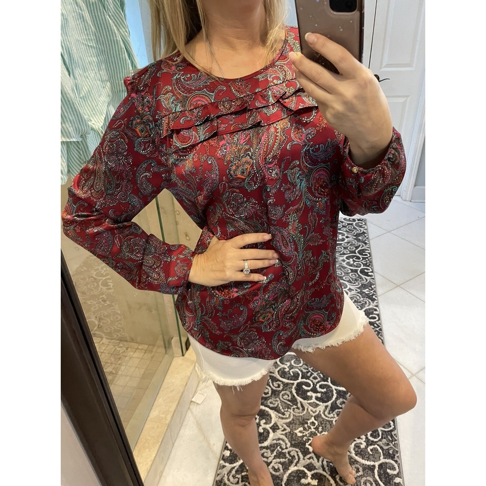 Talbots Womens Red Paisley Ruffle Long Sleeve Satin Blouse Top Wine Red Small